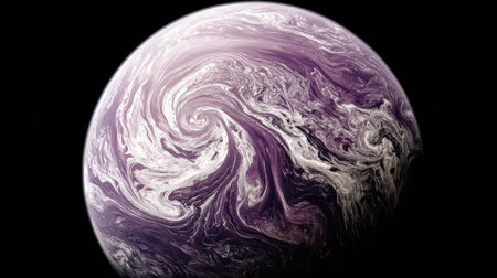 An artistic depiction presents a planetary sphere against a black background. Swirling patterns dominate the surface, featuring hues of purple and white. The artwork uses a stylized, conceptual approach, possibly suggesting a gaseous environment. Suitable for various creative projects and visualizations, the image could be used for design purposes.の素材
