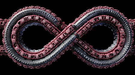 An artistic rendering features a large infinity symbol formed from repeating, connected elements. The color palette includes metallic silver, deep red, and dark tones. This conceptual artwork presents a textured appearance against a black background. Suitable for design, technology, or abstract illustration purposes.の素材