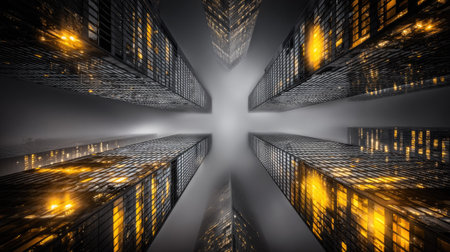 An aerial perspective showcases a cluster of illuminated skyscrapers. The buildings display a range of geometric designs and textures. Golden and white lights glow from windows. This composition suggests a dynamic urban environment, possibly suited for business or design publications.の素材