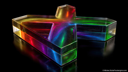 A cross-shaped object with a spectrum of rainbow colors against a dark background. The design features transparent, refractive surfaces that capture and scatter light. Suitable for use in design, marketing, and editorial contexts requiring symbolic representation. The composition and style are visually striking.の素材