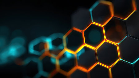 This image features a detailed close-up of a honeycomb-like structure. The cells are illuminated with gradients of orange and blue light, creating a dynamic visual effect. The composition uses a shallow depth of field, with a focus on the central portion. It is suitable for various commercial uses related to technology or design.の素材