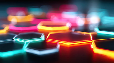 This image features a collection of illuminated hexagonal shapes with vibrant color gradients. The composition uses a shallow depth of field, creating a blurred background. The scene showcases modern design elements, potentially suitable for backgrounds and digital media projects. This image could be useful for commercial and editorial purposes.の素材