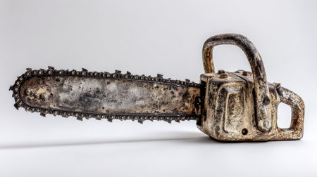 A close-up view presents a vintage chainsaw, prominently displayed against a plain white backdrop. The metallic tool displays signs of wear and tear, showcasing a textured surface. The composition utilizes direct lighting, highlighting the object's form. This image could be suitable for various commercial purposes, including illustrative and editorial projects.の素材