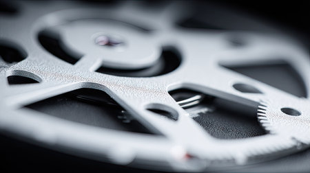 This close-up image reveals the internal mechanisms of a timepiece. The composition highlights the geometric shapes and textures, with a play of light and shadow emphasizing the detail. The monochrome palette and precise design suggest a focus on craftsmanship. Suitable for illustrating concepts of engineering and design.の素材