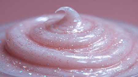 This close-up showcases a swirling mass of light pink cream with visible glitter particles. The composition is a macro shot, highlighting the textures and subtle color variations. The lighting appears soft and diffused, creating highlights and shadows. Suitable for use in beauty product promotion and related editorial content.の素材