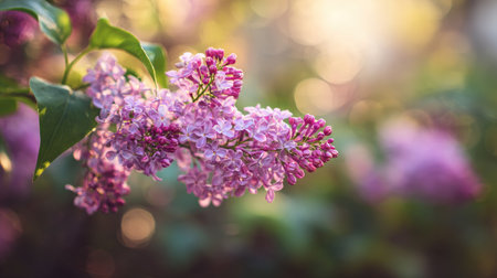 A close-up shot showcases blooming purple lilac blossoms, featuring small, clustered flowers. The composition highlights the delicate petals and rich color saturation. A soft, blurred background provides an appealing bokeh effect with warm sunlight. This image is suitable for various commercial uses, including decorative, or editorial projects.の素材