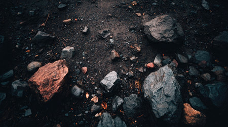 A close-up view presents a collection of rough stones scattered on a dark, earthy surface. The composition reveals various shapes and sizes with varied textures. The color palette primarily features muted tones of gray, brown, and black. This image may be suitable for illustrating natural elements or abstract concepts.の素材