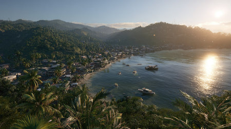 An aerial view presents a coastal town nestled beside a tranquil bay. Lush mountains form the backdrop, under a bright sunny sky. The scene is bathed in warm light, suggesting a dawn or sunset. This image could be used for travel, tourism, or environmental themes.の素材