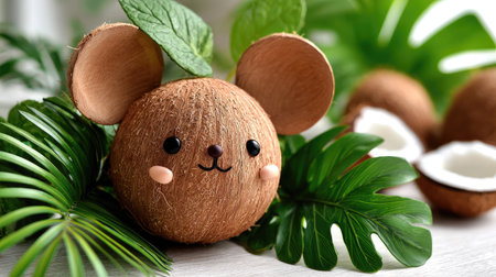 A close-up showcases a creative coconut craft shaped as a mouse, surrounded by lush green leaves and additional coconuts. The image displays natural textures and warm tones, with a shallow depth of field. Suitable for illustrating ideas related to arts, crafts, and tropical themes, offering versatile visual appeal.の素材
