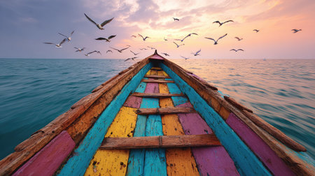 A wooden boat, painted with vibrant colors, sails across a tranquil sea under a dynamic, cloudy sky. Numerous birds fly overhead, enhancing the sense of movement. The composition features a low-angle perspective, emphasizing the boat's journey. This image is suitable for various commercial uses, including travel and adventure themes.の素材