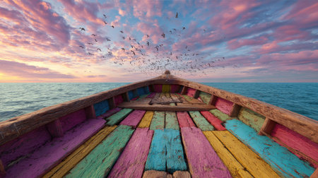 A wooden boat with a multi-colored deck sails across calm water towards a dramatic sky. The scene showcases a sunset with pink, purple, and orange hues. A flock of birds flies overhead. This image would be suitable for artistic prints, travel articles, or any project evoking exploration.の素材