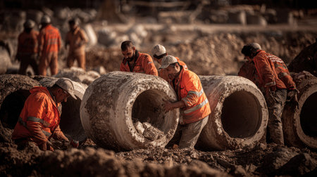 Construction workers are seen working with large concrete pipes at a construction site. The image shows several men in orange workwear, handling the pipes in a collaborative effort. The scene is illuminated by natural light, emphasizing textures. This image could be used for illustrating construction and infrastructure-related themes.の素材