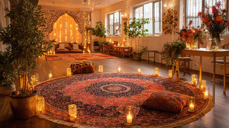 This interior photograph features a circular rug surrounded by lit candles, pillows, and decorative elements. The scene incorporates warm tones with soft lighting creating a comfortable ambiance. The composition may be suitable for illustrating themes related to relaxation, meditation, or lifestyle, potentially for editorial or commercial projects.の素材