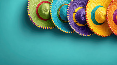 A close-up showcases a collection of vibrant sombreros arranged in a row. These traditional hats feature a variety of bright colors, and intricate details. The background is a solid teal, providing a contrast to the hats. The image is ideal for use in design, cultural presentations, and celebratory marketing materials.の素材
