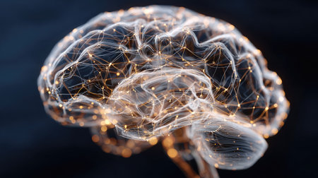 This image showcases a translucent brain model with illuminated neural networks. The composition features a dark background, highlighting the glowing connections that suggest activity and communication. Its style evokes scientific representation, suitable for educational, medical, and technological purposes.の素材