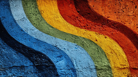 This image presents a vibrant wave pattern across a textured wall. The design showcases a spectrum of colors, including blue, green, yellow, and red. The rough texture and the play of light suggest an outdoor environment. This visual is suitable for a wide range of uses, from design to decoration.の素材