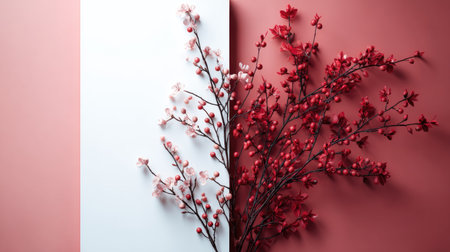 A close-up captures delicate branches adorned with vibrant red flowers. The arrangement is set against a split background of white and a deep red, creating a striking contrast. The composition is likely captured in daylight, suggesting potential uses in decorative or editorial design projects.の素材