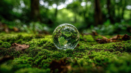 A clear crystal ball rests amidst lush green moss and foliage. The ball reflects a vibrant forest scene, hinting at a natural environment. The composition features soft lighting and a shallow depth of field, ideal for illustrating concepts related to the environment and nature. Suitable for various commercial and editorial applications.の素材