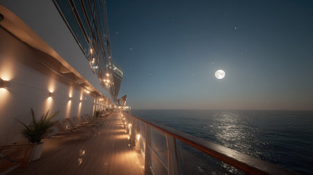 A cruise ship deck is shown at night with illuminated walls and railings. A full moon shines brightly over the ocean, casting a soft glow. The scene features warm lighting and a perspective view. Suitable for travel, tourism, or leisure concepts.の素材