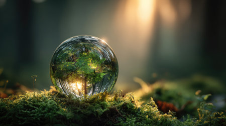 A crystal sphere sits atop moss, reflecting a vibrant forest. The image showcases natural textures and colors, with sunlight creating a bright, overhead glow. This artistic composition could be suitable for environmental themes or illustrative purposes, offering visual appeal for various design projects.の素材