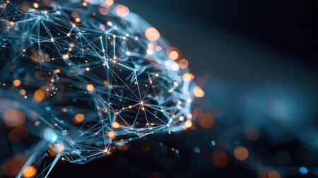 An illustration depicts a digital representation of a brain with interconnected nodes. The composition highlights a network of glowing lines and particles, accented by a blurred bokeh effect. The image's color palette primarily uses blues and oranges, suggesting a technology or science-focused context. Suitable for various editorial and commercial applications.の素材