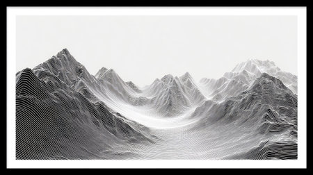 This grayscale illustration presents a detailed mountain range, characterized by intricate lines and tonal gradients. The composition suggests a misty valley between peaks, bathed in soft light. Suitable for various applications, this image offers a versatile visual for both commercial and editorial contexts.の素材