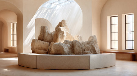 A stone sculpture is showcased indoors, bathed in soft, natural light filtering through a skylight. The composition highlights the textured surface of the sculpture against a neutral background. The scene suggests a modern art installation, suitable for architectural, artistic, and design-related commercial applications.の素材