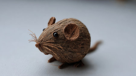 A close-up view presents a handcrafted mouse figurine. The mouse features a brown woven texture, with visible whiskers and small, round eyes. Set against a blurred, neutral background, the lighting seems soft. This image could be suitable for various commercial or editorial applications such as craft and home decor.の素材