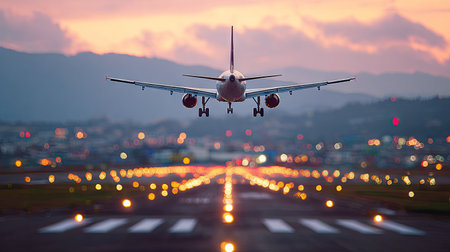 An airplane descends towards a runway during a sunset. The image features a low-angle perspective, showcasing the illuminated runway lights and the aircraft's silhouette against a colorful sky. The composition utilizes vibrant colors and atmospheric lighting, potentially suitable for travel or transportation themes.の素材
