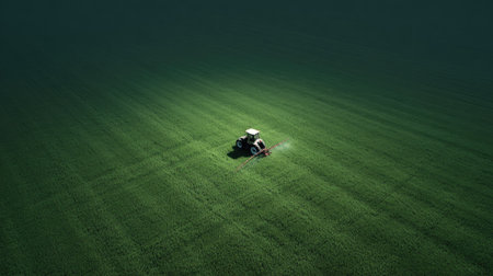 An aerial perspective shows a tractor operating in a large, green field. The image displays a clear, wide composition with the tractor as the central subject. The color palette primarily consists of greens and dark tones with hints of white. It could be suitable for illustrating agriculture, farming, or environmental themes.の素材