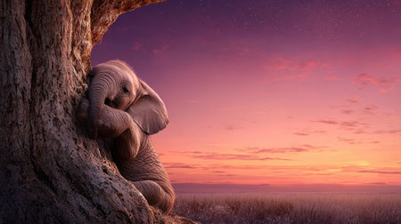 A baby elephant is nestled against a large tree trunk. The soft, grey elephant contrasts with the warm pink and orange hues of the sunset sky. The scene evokes a sense of peace and tranquility, possibly suitable for editorial or commercial purposes related to wildlife or nature.の素材