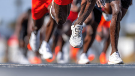 This image showcases a group of athletes mid-stride during a race, emphasizing the lower portions of their bodies. The composition displays vibrant colors, likely taken during daylight with good lighting. It may be suitable for illustrating themes of competition, fitness, or sports-related editorial content.の素材