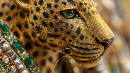 This image presents a close-up of a jaguar sculpture, showcasing its golden hue and intricate design. The texture is detailed, with emphasis on the fur pattern and eye details. The composition provides an intimate view, and the lighting highlights the craftsmanship. Suitable for commercial projects or editorial content related to art and design.の素材