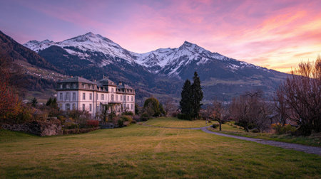 An impressive building is featured, standing beneath snow-capped mountains and a vivid sunset. The composition showcases a balance of natural elements, with the building set within a grassy area. The image displays a tranquil ambiance, suitable for various editorial and commercial applications. The lighting highlights the textures and structures.の素材
