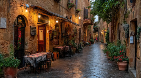 An alleyway showcases a restaurant with outdoor seating. The stone walls exhibit texture, while the lighting creates a warm ambiance. The composition highlights depth and perspective. This image could be used for articles, travel brochures, or marketing materials.の素材