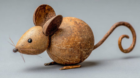 A handcrafted mouse figure, rendered in shades of brown, rests on a simple surface. The sculpture features a rounded body, large ears, and a distinctive coiled tail. The composition exhibits soft lighting, offering potential for commercial applications. Its neutral backdrop provides ample copy space, making it appropriate for diverse editorial contexts.の素材