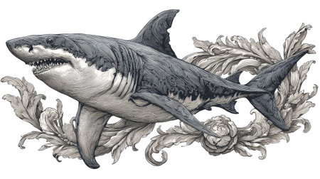 This detailed illustration depicts a shark gracefully positioned amongst ornate botanical elements. The monochromatic color palette emphasizes textures and linework. The image, suitable for various applications, could be used for editorial and commercial design projects. It evokes a sense of both the natural world and artistic elegance.の素材