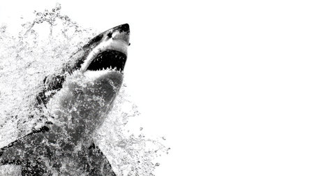 A striking black and white image captures a great white shark as it leaps through the water. The composition highlights the shark's open jaws and sharp teeth, surrounded by splashing water. The image features high contrast, creating a dynamic effect, with ample copy space to the right, suitable for various uses.の素材