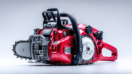A close-up view displays a red chainsaw, revealing its intricate components. The tool rests against a plain white background, illuminated by soft lighting. This studio shot showcases the product's design, suitable for commercial or industrial applications. The image offers versatility for various illustrative purposes.の素材