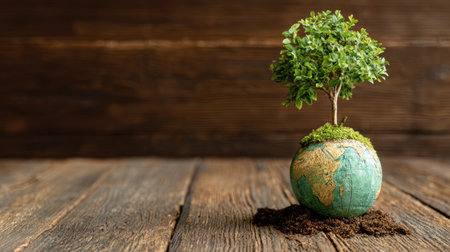 A miniature tree sprouts from a globe, set against a wooden background. The image presents a conceptual representation of environmentalism and sustainability. Warm lighting highlights the textures of the wood and the spherical form. Suitable for commercial projects focusing on ecology, conservation, and global issues.の素材