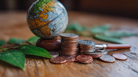 A miniature globe and stacks of coins rest on a wooden surface, suggesting concepts of global finance and economics. The composition incorporates close-up details and natural elements. The lighting appears soft and diffused. This image is suitable for various commercial uses, including financial publications and educational resources.の素材