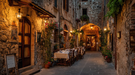 An inviting restaurant scene unfolds in a historic alleyway. Tables are set with white tablecloths, surrounded by chairs. The buildings' stone textures are emphasized by warm lighting. The composition features an arched entrance and inviting ambiance, suitable for commercial projects.の素材