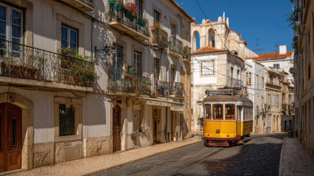 A classic yellow tram moves through a narrow cobblestone street lined with aged buildings. The scene shows a sunny day with warm tones and shadows. This picturesque view evokes a sense of travel and can be used for various commercial or editorial needs.の素材