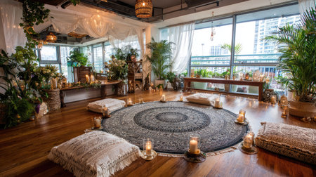 An interior space features a circular rug with cushions, candles, and plants. Daylight illuminates the room creating a warm atmosphere. The composition includes a view outside through large windows. This image is suitable for various commercial uses, including interior design projects and lifestyle publications.の素材