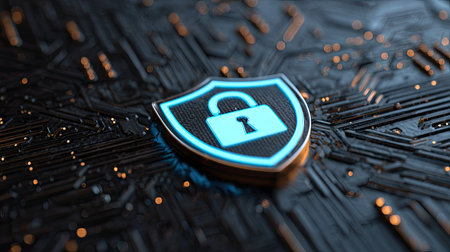 An illuminated digital shield overlaid on a circuit board represents security. The image features a padlock symbol within a blue shield, suggesting protection. This artwork uses a close-up perspective and a shallow depth of field, with soft focus and a dark background. It is suitable for commercial and editorial applications.の素材