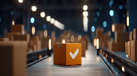 A close-up captures a bright orange cardboard box featuring a white check mark, positioned on an automated conveyor belt. The scene reveals a warehouse setting, with numerous similar boxes moving along the system. The lighting is diffused, suggesting an interior environment with production or distribution applications in mind. This image is suitable for various commercial uses.の素材