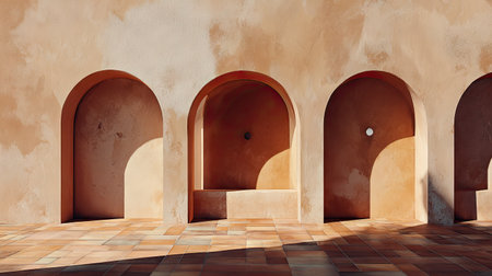The image features a series of arched doorways painted in warm earthy tones. Sunlight creates striking shadows and highlights the textures of the walls. The composition suggests an outdoor setting, potentially a building or architectural structure. The image could be used for various commercial or editorial purposes.の素材