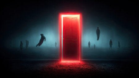 A striking visual features a glowing red portal within a dark, atmospheric environment. Silhouette figures float in the background, adding to the surreal composition. The image utilizes dramatic lighting and a cool color palette with the bright red portal providing contrast. Suitable for creative projects and conceptual illustrations.の素材