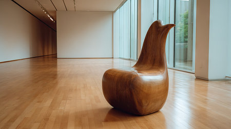 An elegant wooden sculpture chair is the focal point of a bright, modern interior. The chair displays a unique form and texture, contrasting with the smooth wooden floor and white walls. Natural light streams in from a large window. This image could be used for design, architecture, or lifestyle content.の素材
