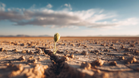 A single plant emerges from parched, cracked earth under a vast sky. The image features warm tones of brown and tan contrasted by the cool blues of the sky. The composition emphasizes the resilience of life. This image can be used for conceptual projects, illustrating themes of growth and perseverance.の素材